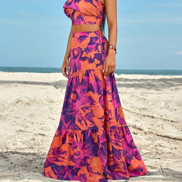 Purple Boho Women's Ruched Side Twist Bandeau Top And Split Thigh Skirt Set - Picture 5 of 6